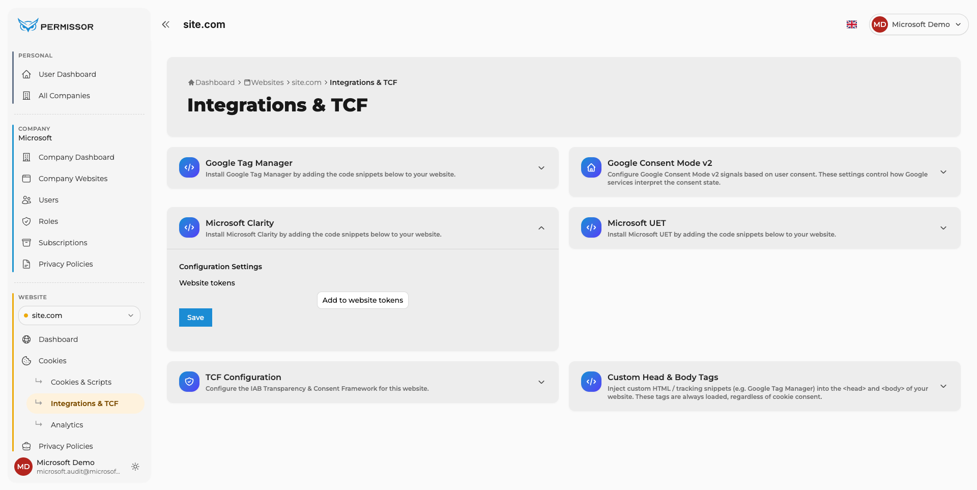 Expanded Configuration Settings panel with the Add to website tokens button