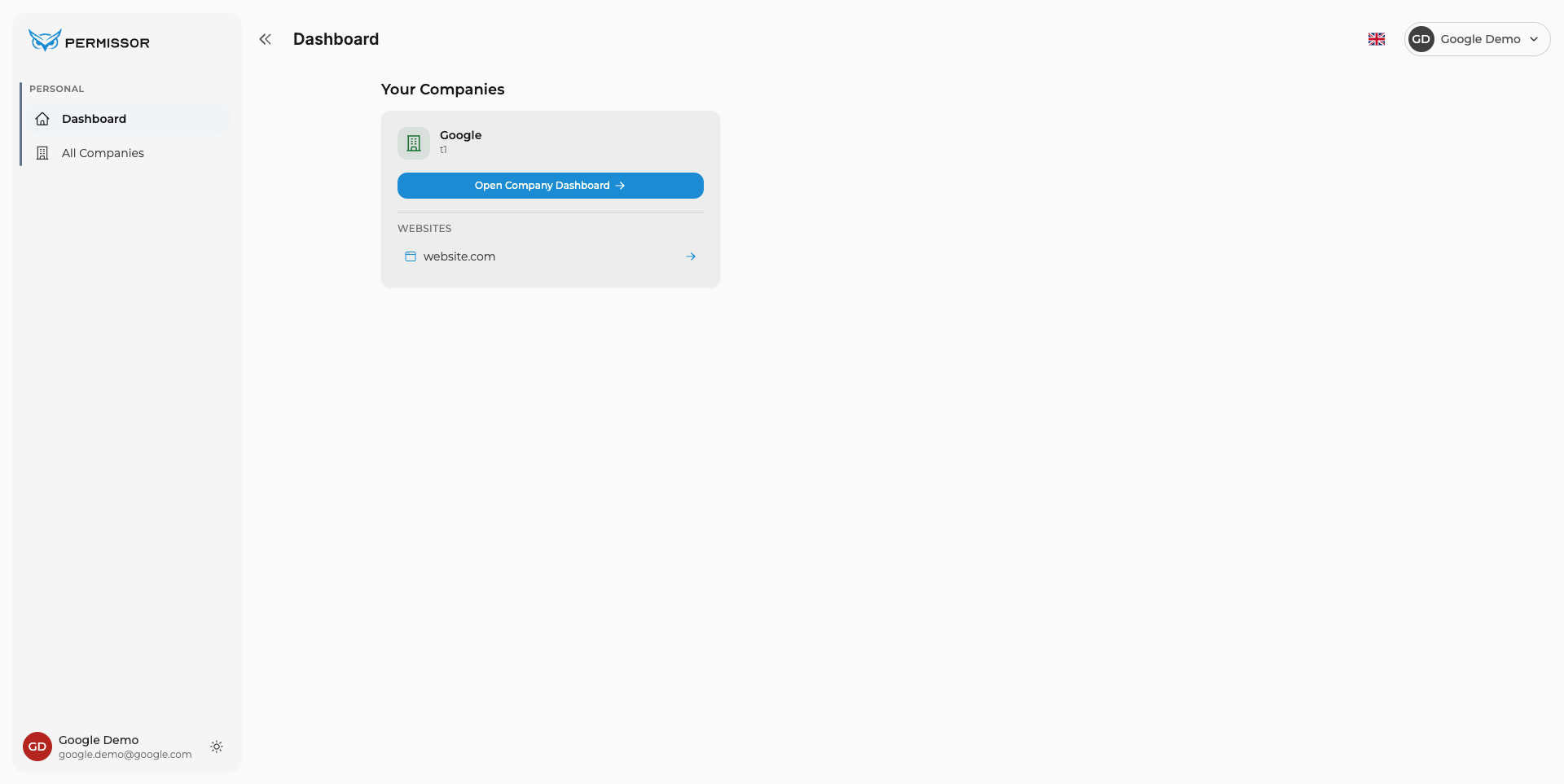 User dashboard with the list of companies and the target site selected