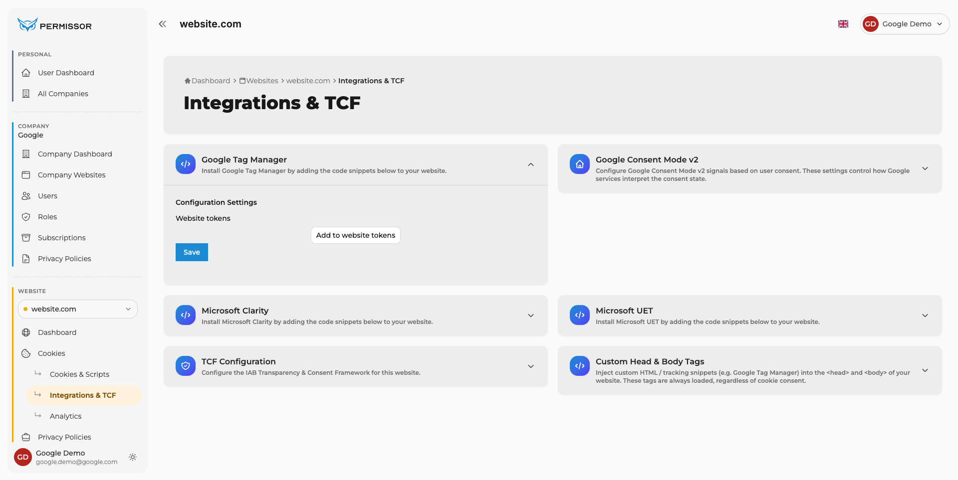 Expanded Configuration Settings panel with the Add to website tokens button
