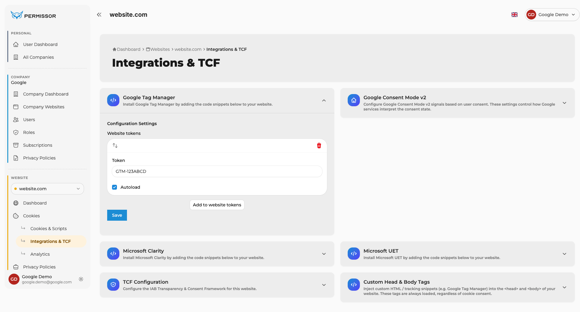 Token field with the GTM Container ID, Autoload checkbox enabled and the Save button