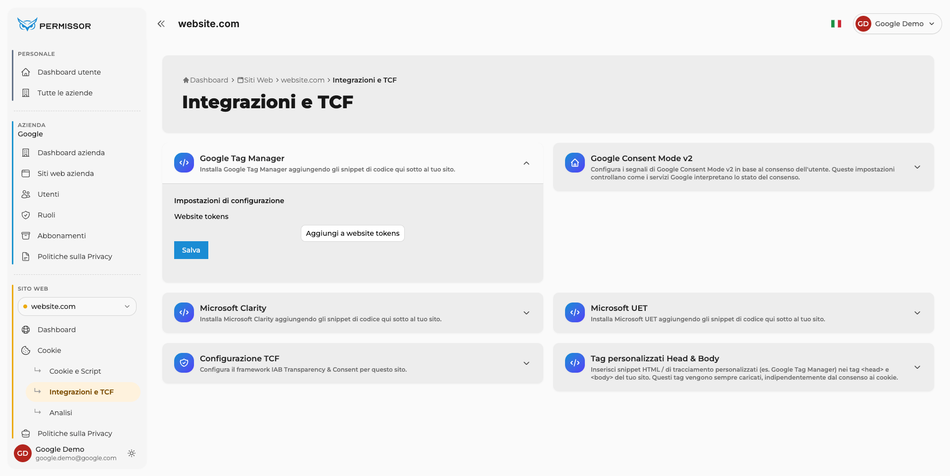 Pannello Impostazioni di configurazione espanso con il pulsante Aggiungi a website tokens
