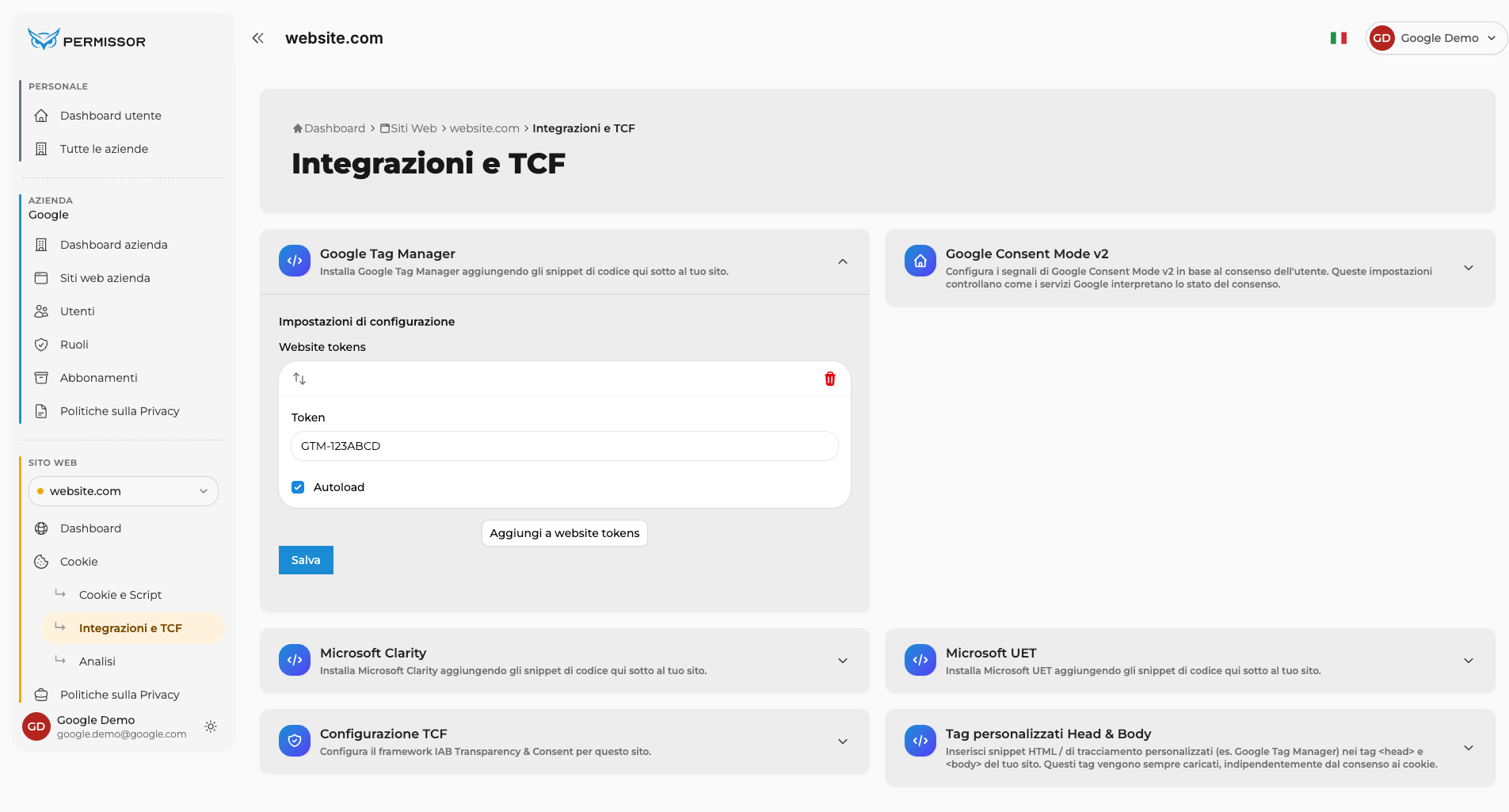 Campo Token con l'ID Container GTM, casella Autoload attiva e pulsante Salva