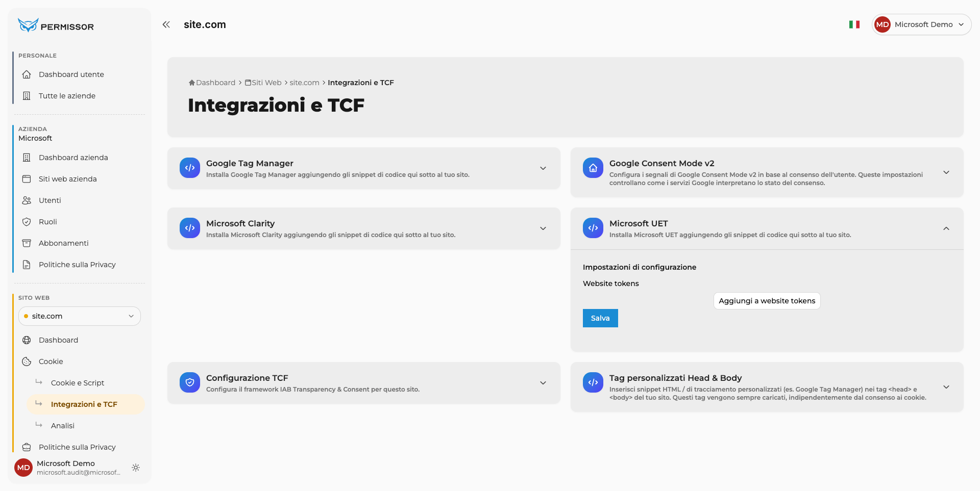 Pannello Impostazioni di configurazione espanso con il pulsante Aggiungi a website tokens